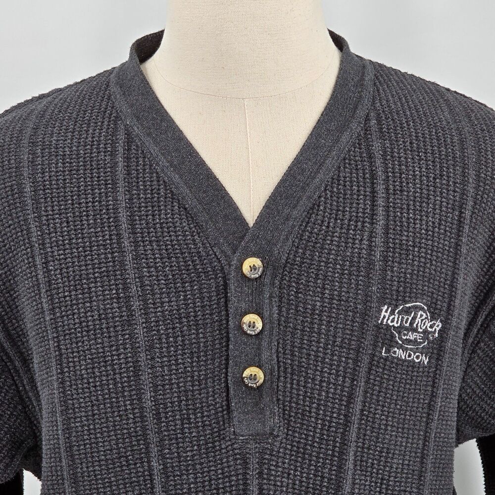 Hard Rock Café London Waffle Knit Sweater Embroidered Logo M Dark Gray